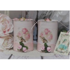 ~ Shabby Chic Vintage Painted Decor Decoupage Tin Cans w/Lids/Lace, Set of 2 ~   283088838891